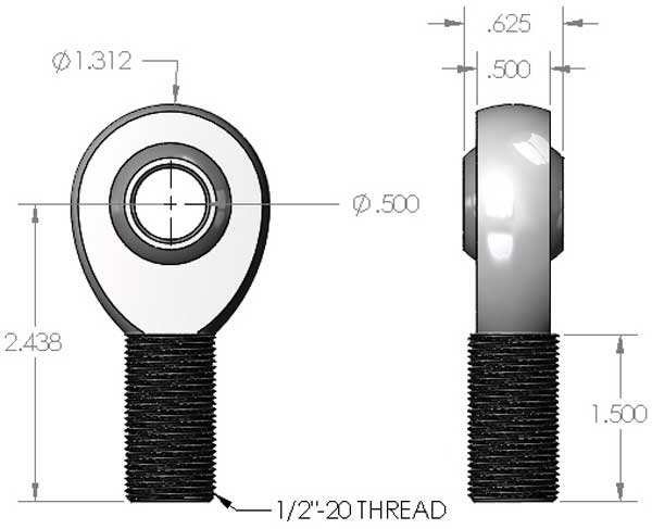 1/2"-20 x 1/2" Heim Joint Dimensions