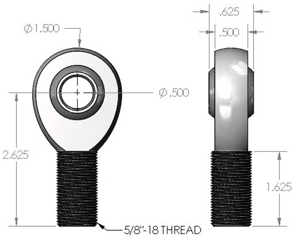 5/8"-18 x 1/2" Heim Joint Dimensions